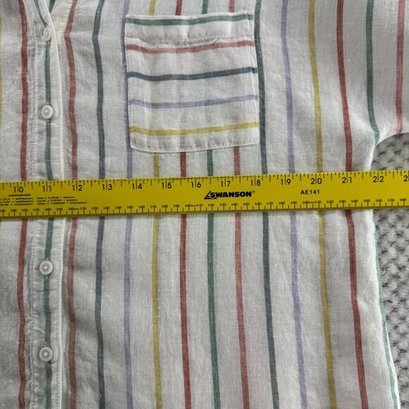 Garner Hill Top Women 14 White Striped Rainbow Linen Button Front Short Sleeve - Picture 10 of 12